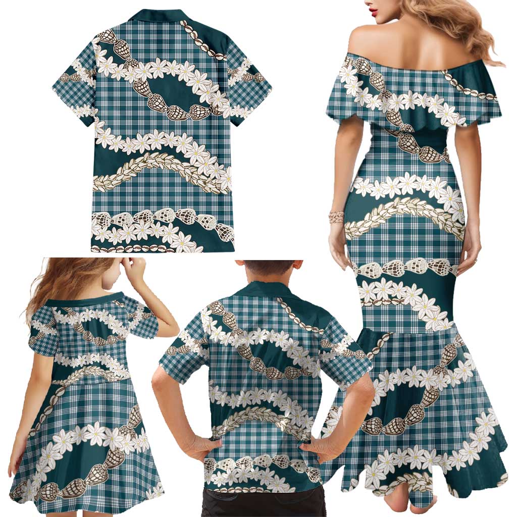 Dark Cyan Hawaii Tiare and Shell Lei Family Matching Mermaid Dress and Hawaiian Shirt Hawaiian Palaka Luxury Vibes - Polynesian Pride