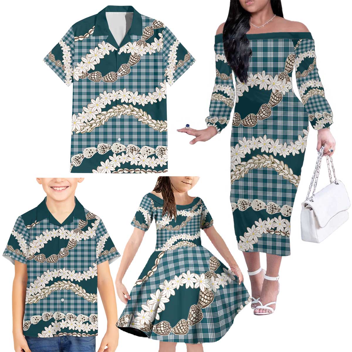 Dark Cyan Hawaii Tiare and Shell Lei Family Matching Off The Shoulder Long Sleeve Dress and Hawaiian Shirt Hawaiian Palaka Luxury Vibes - Polynesian Pride