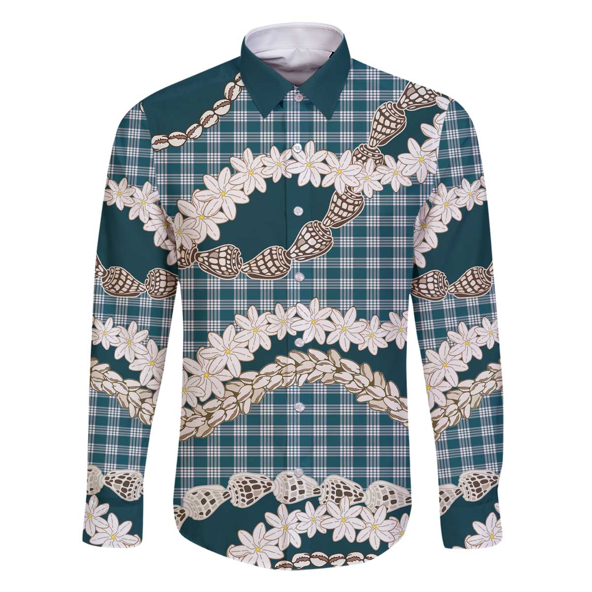 Dark Cyan Hawaii Tiare and Shell Lei Family Matching Off The Shoulder Long Sleeve Dress and Hawaiian Shirt Hawaiian Palaka Luxury Vibes - Polynesian Pride