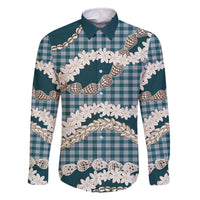 Dark Cyan Hawaii Tiare and Shell Lei Family Matching Off The Shoulder Long Sleeve Dress and Hawaiian Shirt Hawaiian Palaka Luxury Vibes - Polynesian Pride