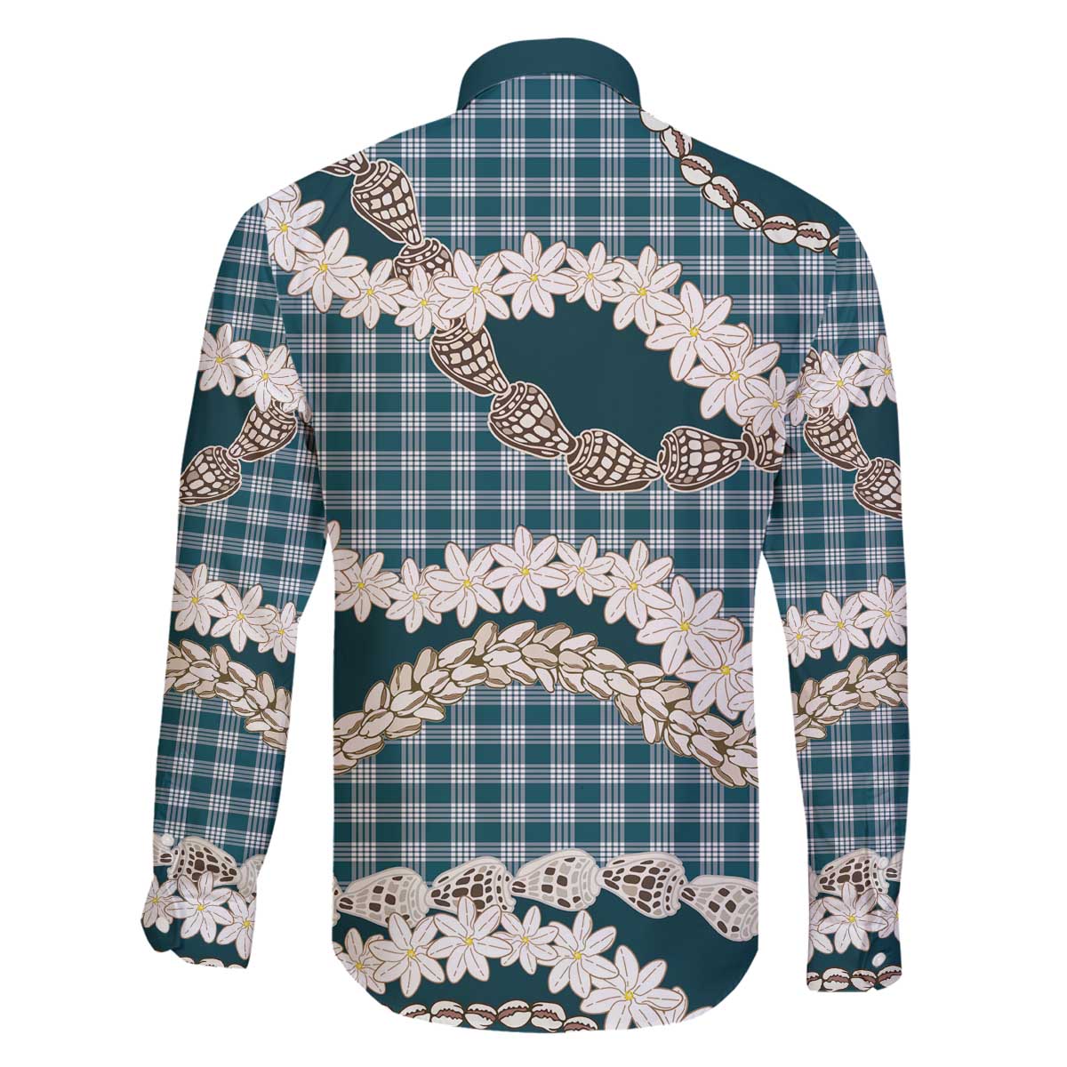 Dark Cyan Hawaii Tiare and Shell Lei Family Matching Off The Shoulder Long Sleeve Dress and Hawaiian Shirt Hawaiian Palaka Luxury Vibes - Polynesian Pride