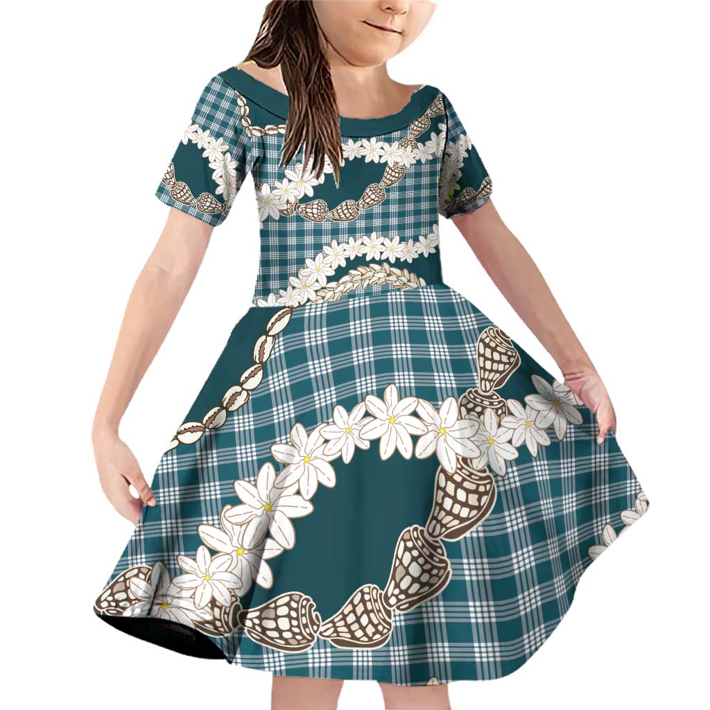 Dark Cyan Hawaii Tiare and Shell Lei Family Matching Off Shoulder Short Dress and Hawaiian Shirt Hawaiian Palaka Luxury Vibes - Polynesian Pride