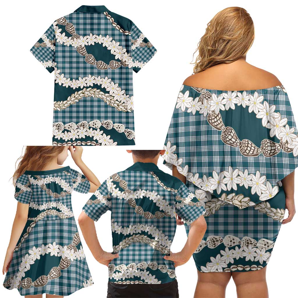 Dark Cyan Hawaii Tiare and Shell Lei Family Matching Off Shoulder Short Dress and Hawaiian Shirt Hawaiian Palaka Luxury Vibes - Polynesian Pride