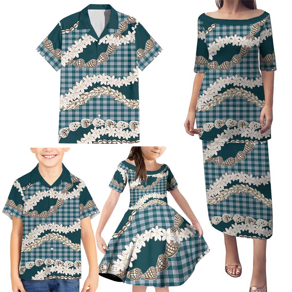 Dark Cyan Hawaii Tiare and Shell Lei Family Matching Puletasi and Hawaiian Shirt Hawaiian Palaka Luxury Vibes - Polynesian Pride
