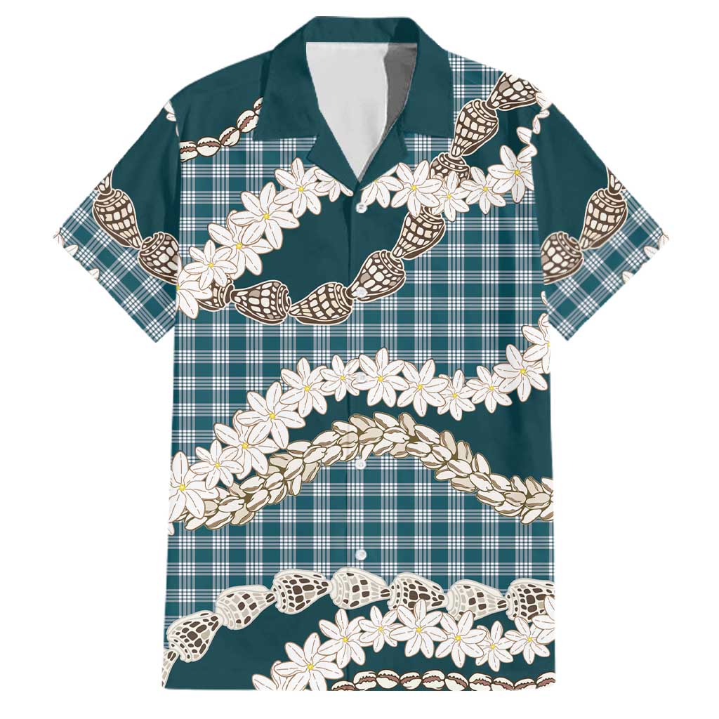 Dark Cyan Hawaii Tiare and Shell Lei Family Matching Puletasi and Hawaiian Shirt Hawaiian Palaka Luxury Vibes - Polynesian Pride