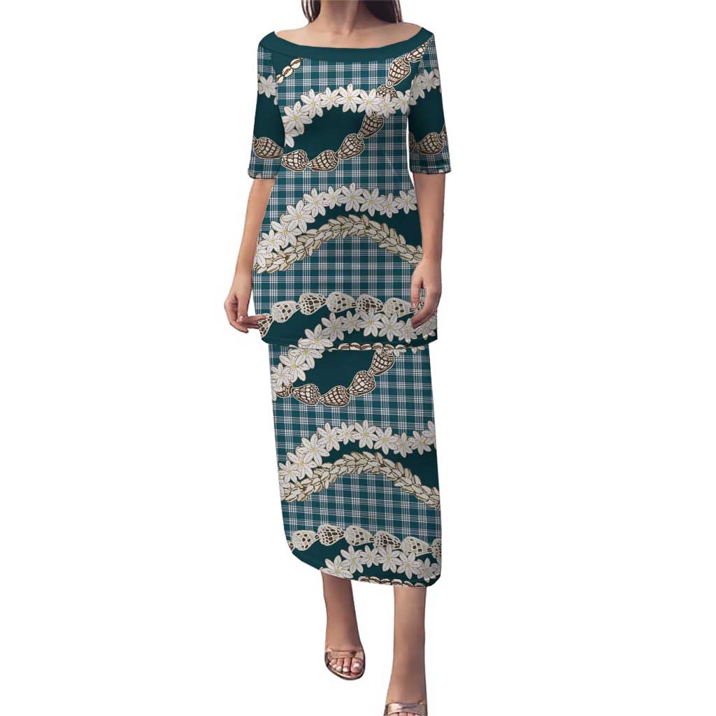 Dark Cyan Hawaii Tiare and Shell Lei Family Matching Puletasi and Hawaiian Shirt Hawaiian Palaka Luxury Vibes - Polynesian Pride