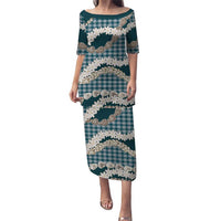 Dark Cyan Hawaii Tiare and Shell Lei Family Matching Puletasi and Hawaiian Shirt Hawaiian Palaka Luxury Vibes - Polynesian Pride