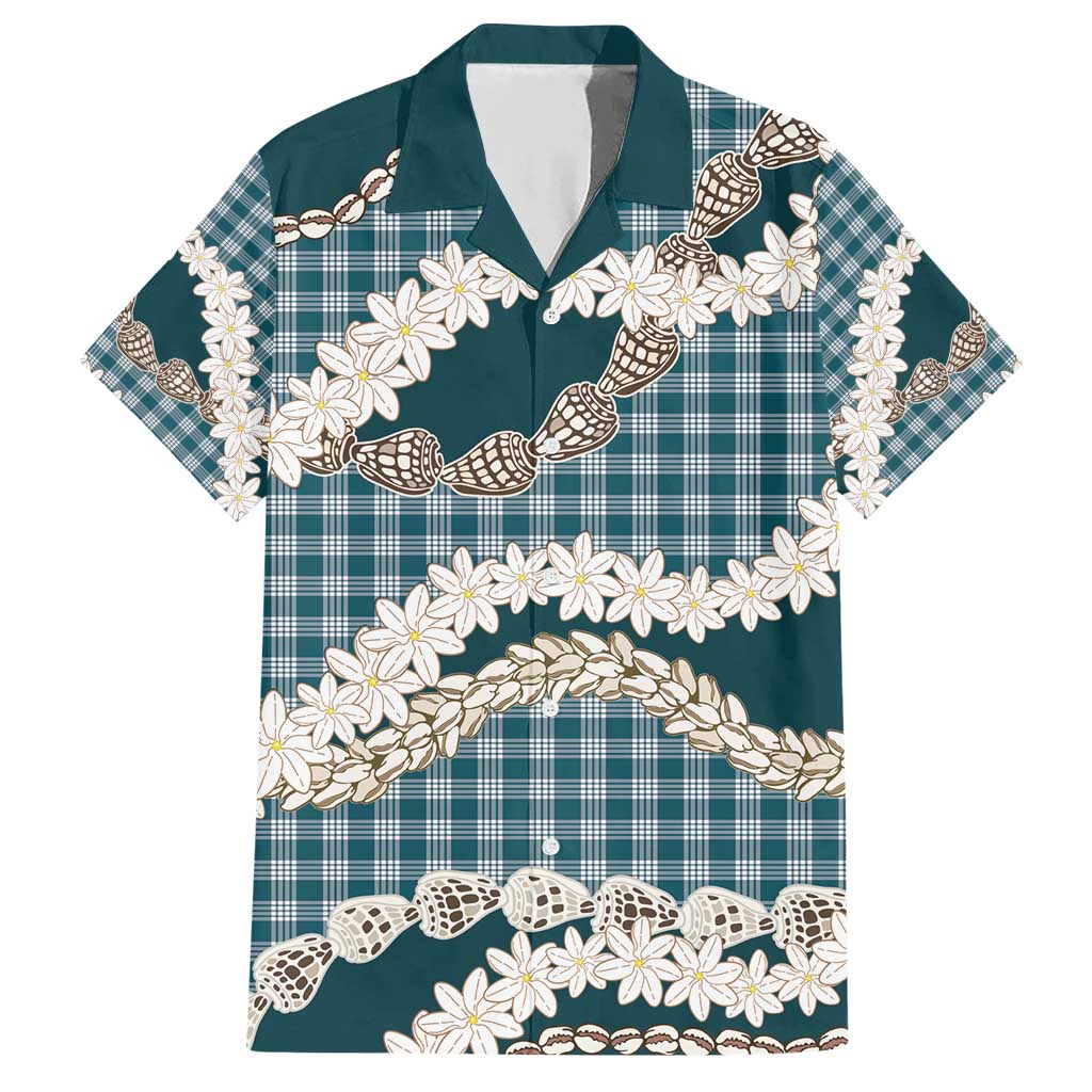 Dark Cyan Hawaii Tiare and Shell Lei Family Matching Short Sleeve Bodycon Dress and Hawaiian Shirt Hawaiian Palaka Luxury Vibes - Polynesian Pride