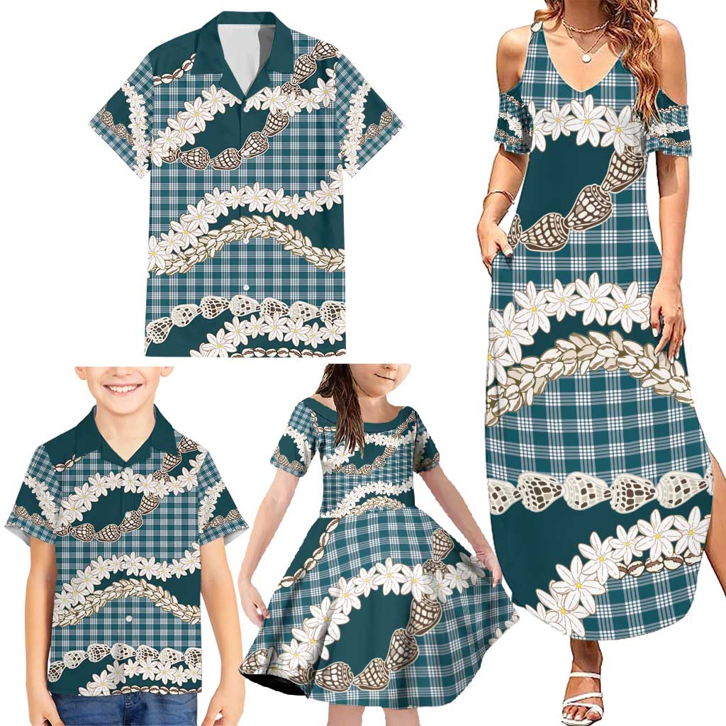 Dark Cyan Hawaii Tiare and Shell Lei Family Matching Summer Maxi Dress and Hawaiian Shirt Hawaiian Palaka Luxury Vibes - Polynesian Pride