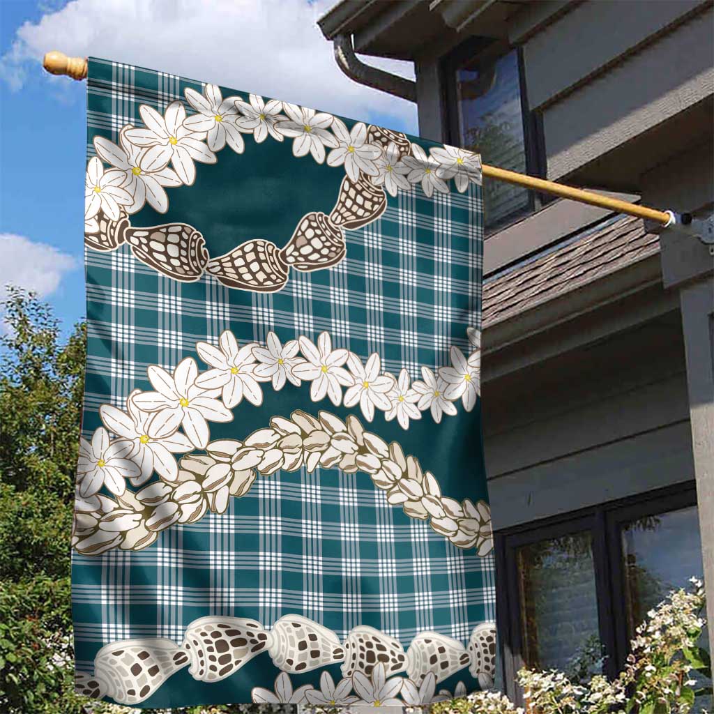 Dark Cyan Hawaii Tiare and Shell Lei Garden Flag Hawaiian Palaka Luxury Vibes - Polynesian Pride