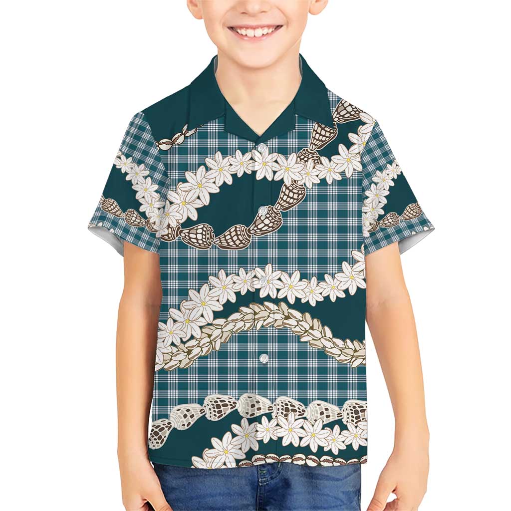 Dark Cyan Hawaii Tiare and Shell Lei Kid Hawaiian Shirt Hawaiian Palaka Luxury Vibes - Polynesian Pride