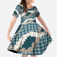 Dark Cyan Hawaii Tiare and Shell Lei Kid Short Sleeve Dress Hawaiian Palaka Luxury Vibes - Polynesian Pride
