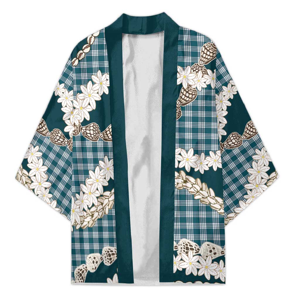 Dark Cyan Hawaii Tiare and Shell Lei Kimono Hawaiian Palaka Luxury Vibes - Polynesian Pride