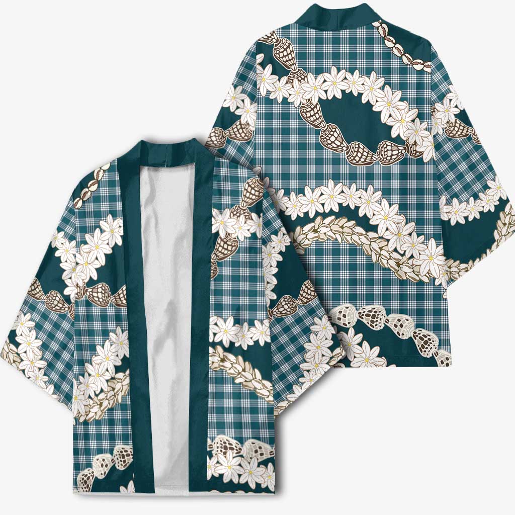 Dark Cyan Hawaii Tiare and Shell Lei Kimono Hawaiian Palaka Luxury Vibes - Polynesian Pride