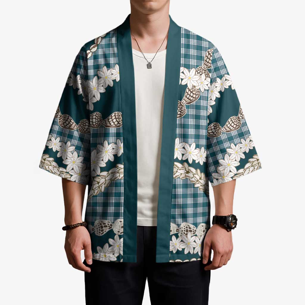 Dark Cyan Hawaii Tiare and Shell Lei Kimono Hawaiian Palaka Luxury Vibes - Polynesian Pride