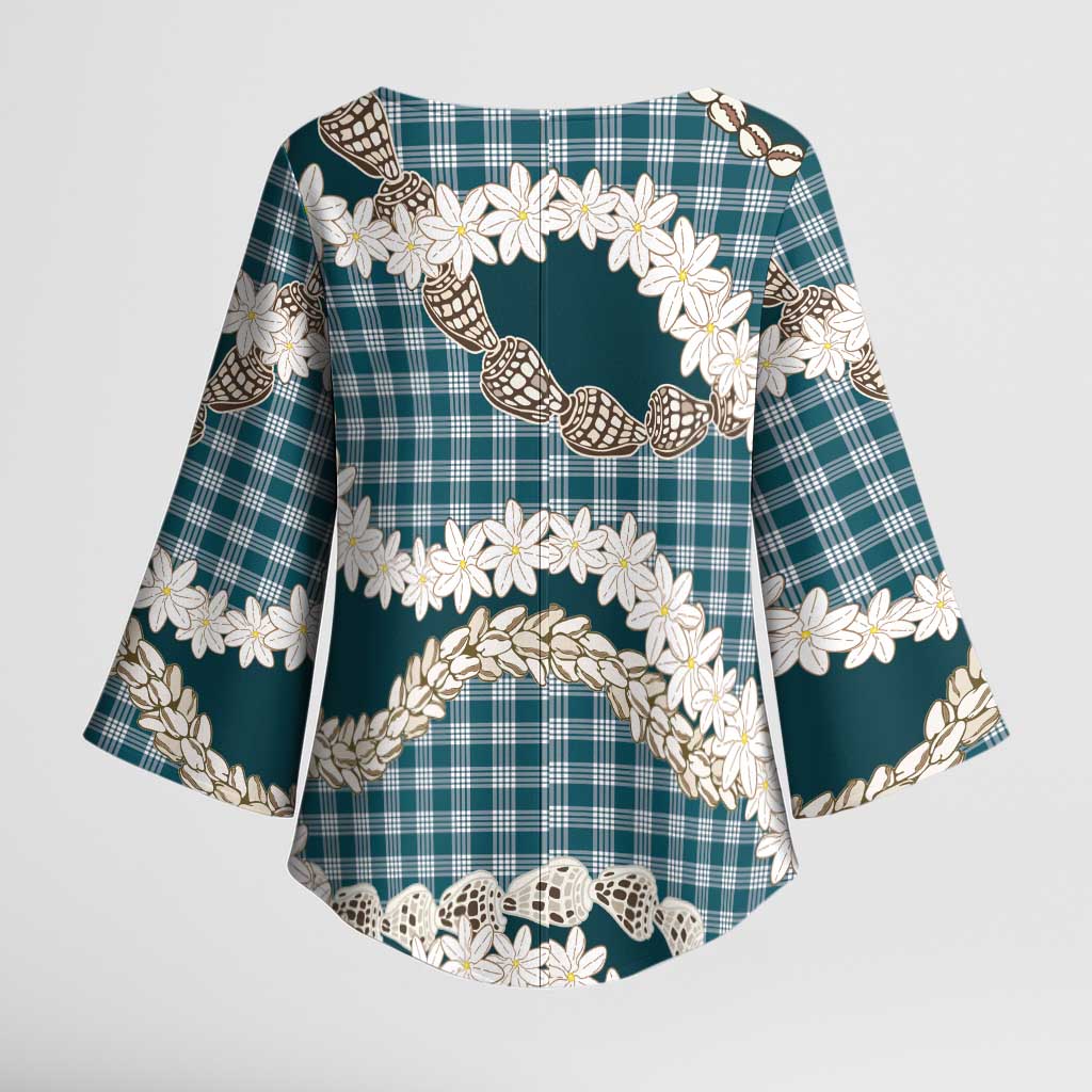 Dark Cyan Hawaii Tiare and Shell Lei Kimono Sleeve Blouse Hawaiian Palaka Luxury Vibes LT14 - Polynesian Pride