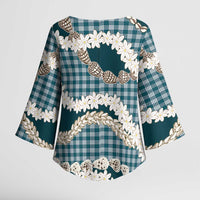 Dark Cyan Hawaii Tiare and Shell Lei Kimono Sleeve Blouse Hawaiian Palaka Luxury Vibes LT14 - Polynesian Pride