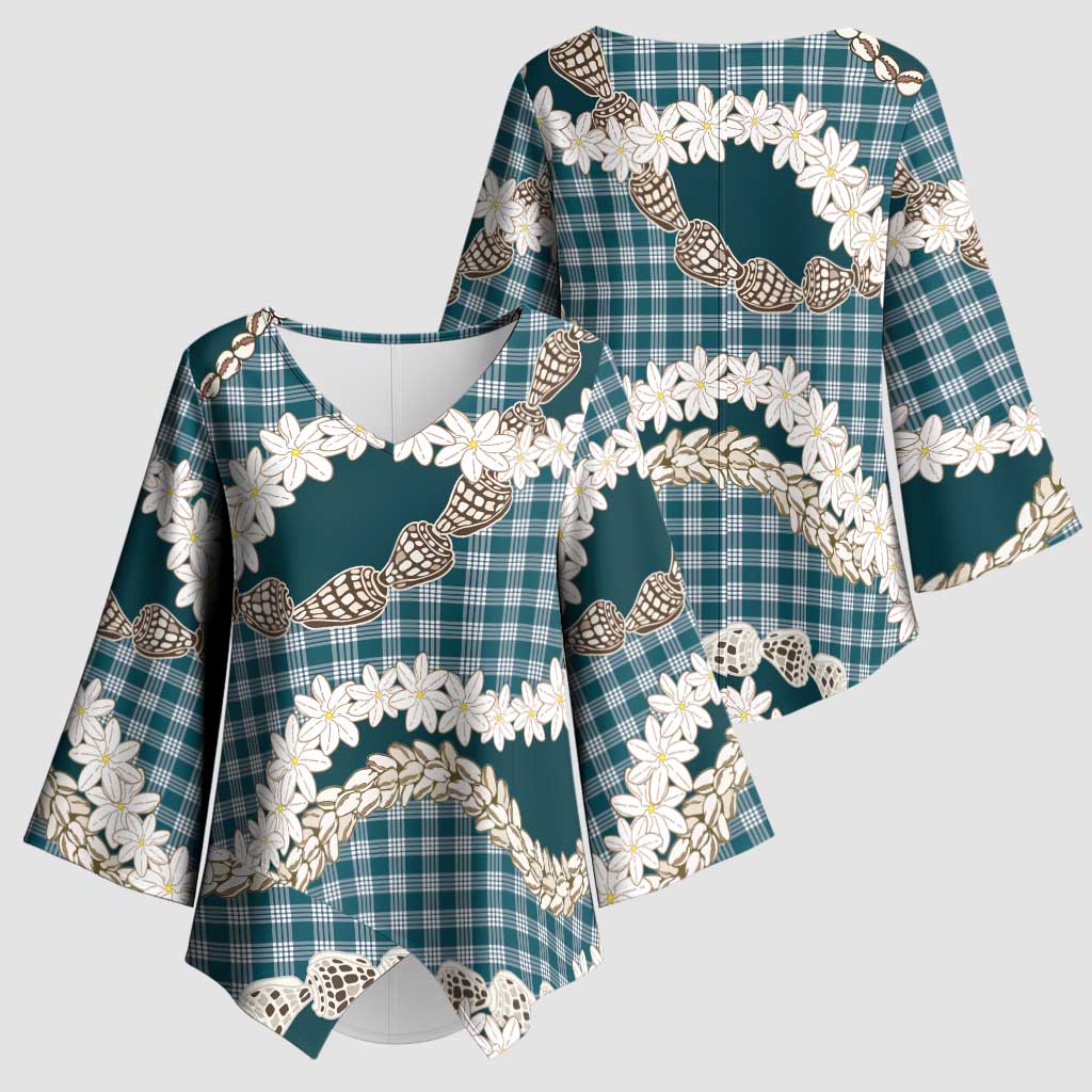 Dark Cyan Hawaii Tiare and Shell Lei Kimono Sleeve Blouse Hawaiian Palaka Luxury Vibes LT14 - Polynesian Pride