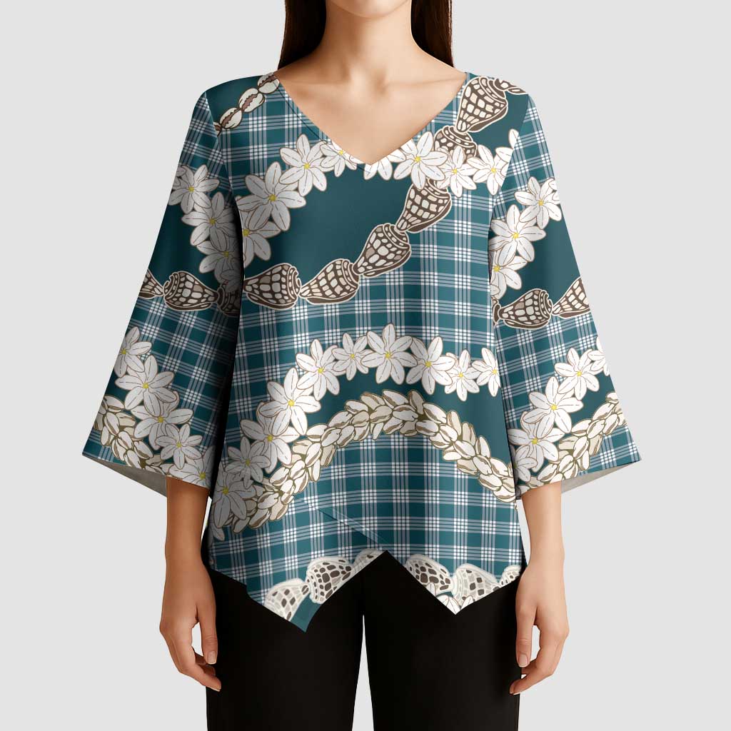 Dark Cyan Hawaii Tiare and Shell Lei Kimono Sleeve Blouse Hawaiian Palaka Luxury Vibes LT14 - Polynesian Pride