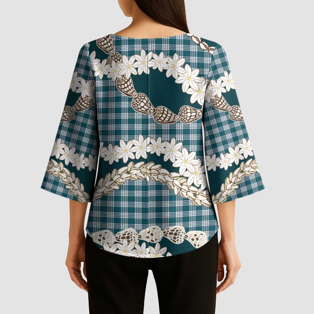 Dark Cyan Hawaii Tiare and Shell Lei Kimono Sleeve Blouse Hawaiian Palaka Luxury Vibes LT14 - Polynesian Pride