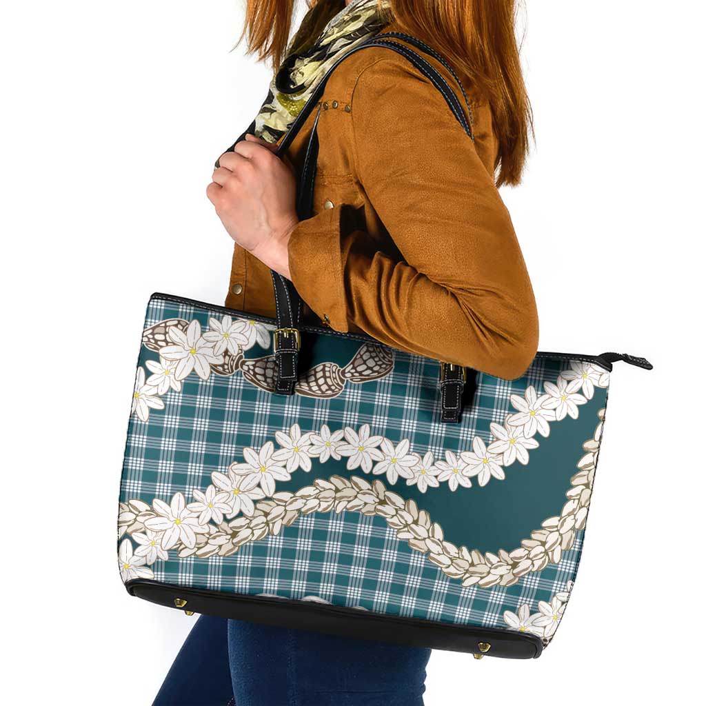 Dark Cyan Hawaii Tiare and Shell Lei Leather Tote Bag Hawaiian Palaka Luxury Vibes LT14 Dark Cyan - Polynesian Pride