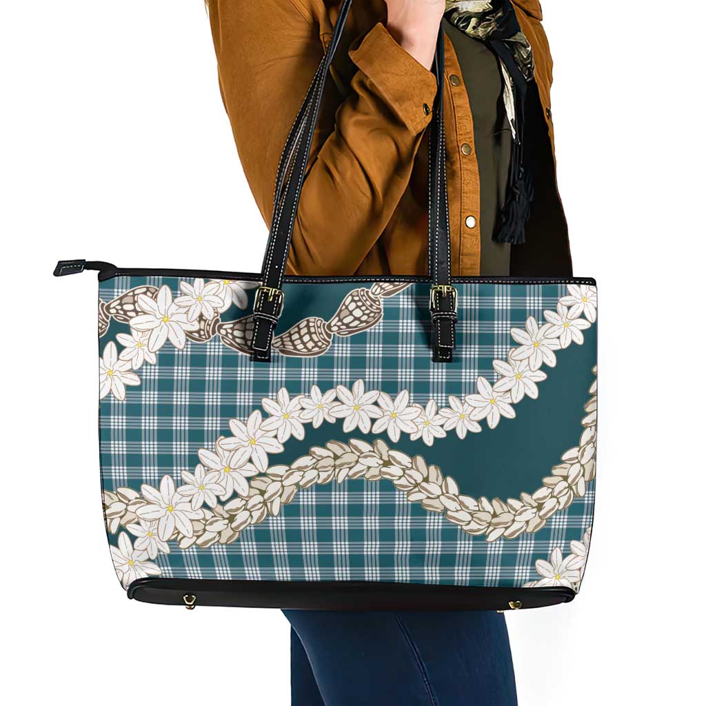 Dark Cyan Hawaii Tiare and Shell Lei Leather Tote Bag Hawaiian Palaka Luxury Vibes LT14 - Polynesian Pride