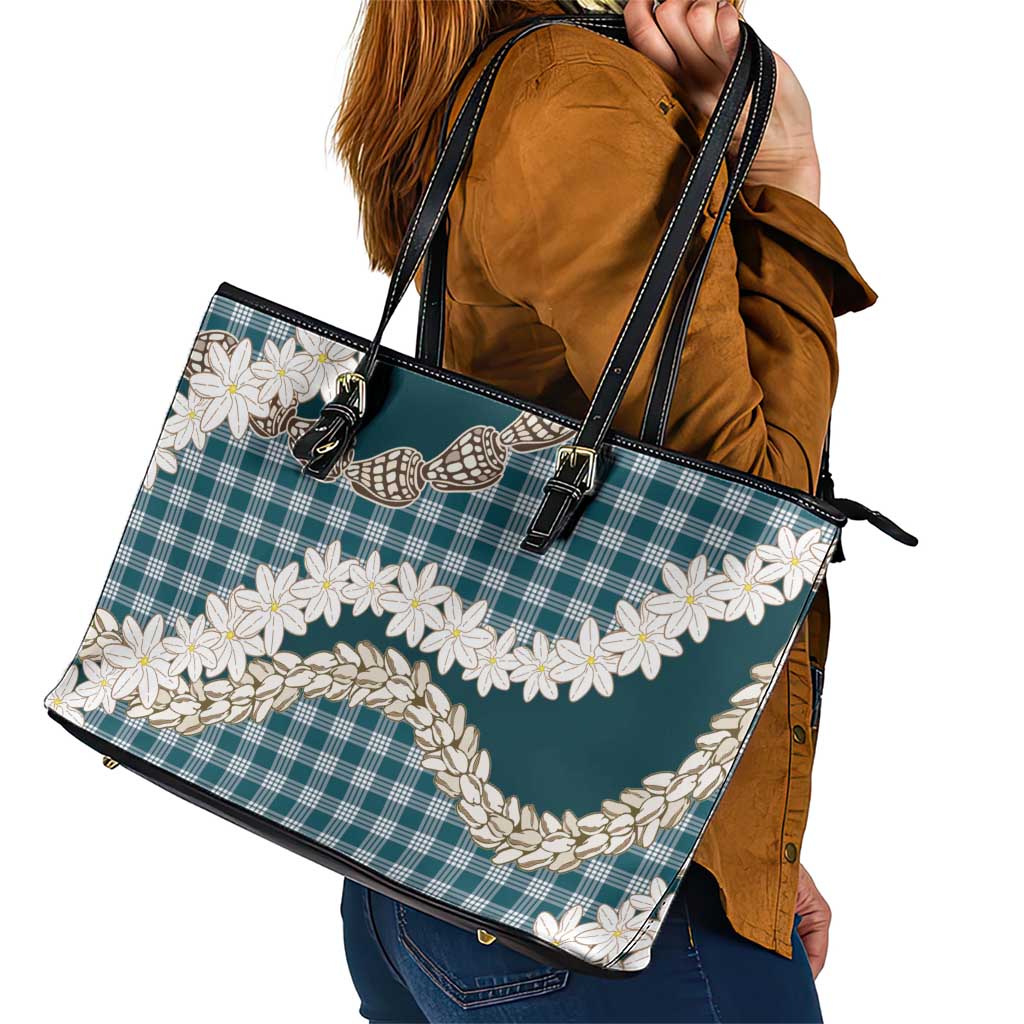 Dark Cyan Hawaii Tiare and Shell Lei Leather Tote Bag Hawaiian Palaka Luxury Vibes LT14 - Polynesian Pride