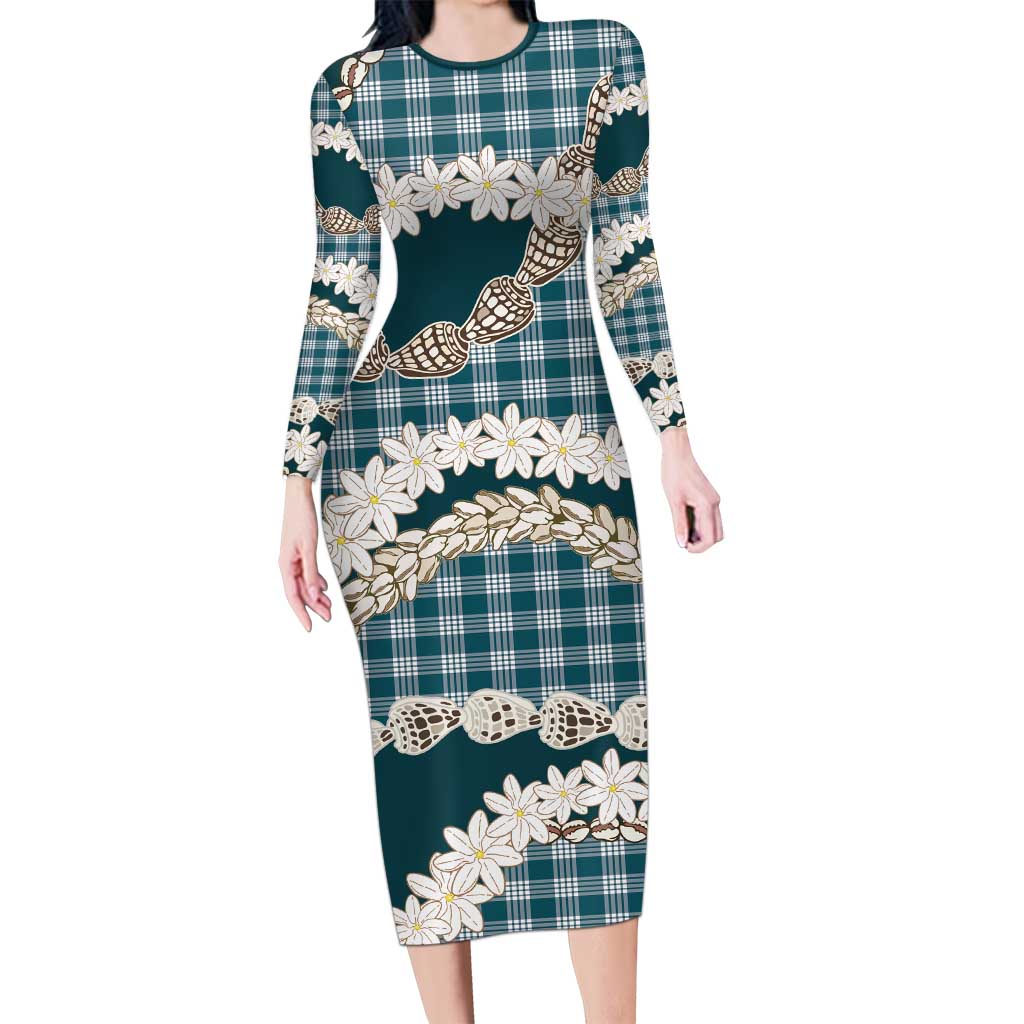 Dark Cyan Hawaii Tiare and Shell Lei Long Sleeve Bodycon Dress Hawaiian Palaka Luxury Vibes - Polynesian Pride