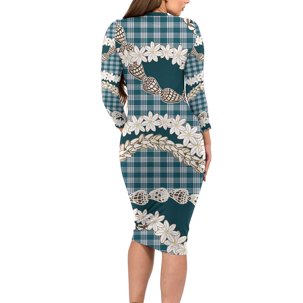 Dark Cyan Hawaii Tiare and Shell Lei Long Sleeve Bodycon Dress Hawaiian Palaka Luxury Vibes - Polynesian Pride