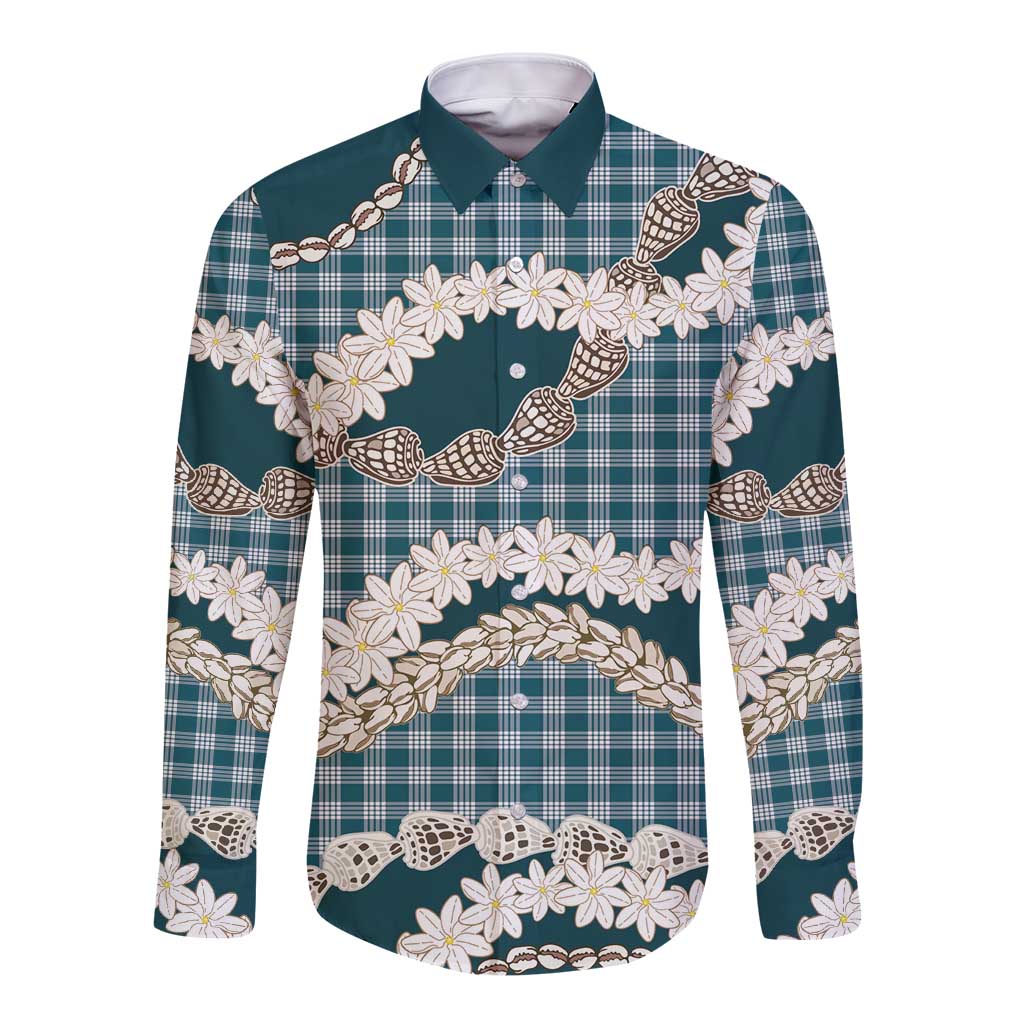 Dark Cyan Hawaii Tiare and Shell Lei Long Sleeve Button Shirt Hawaiian Palaka Luxury Vibes LT14 Unisex Dark Cyan - Polynesian Pride