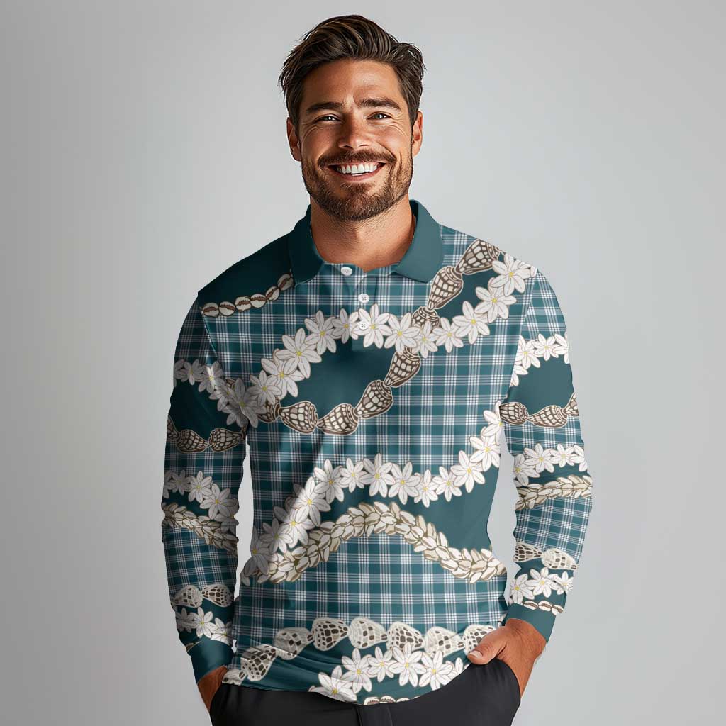 Dark Cyan Hawaii Tiare and Shell Lei Long Sleeve Polo Shirt Hawaiian Palaka Luxury Vibes LT14 - Polynesian Pride