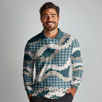 Dark Cyan Hawaii Tiare and Shell Lei Long Sleeve Polo Shirt Hawaiian Palaka Luxury Vibes LT14 - Polynesian Pride