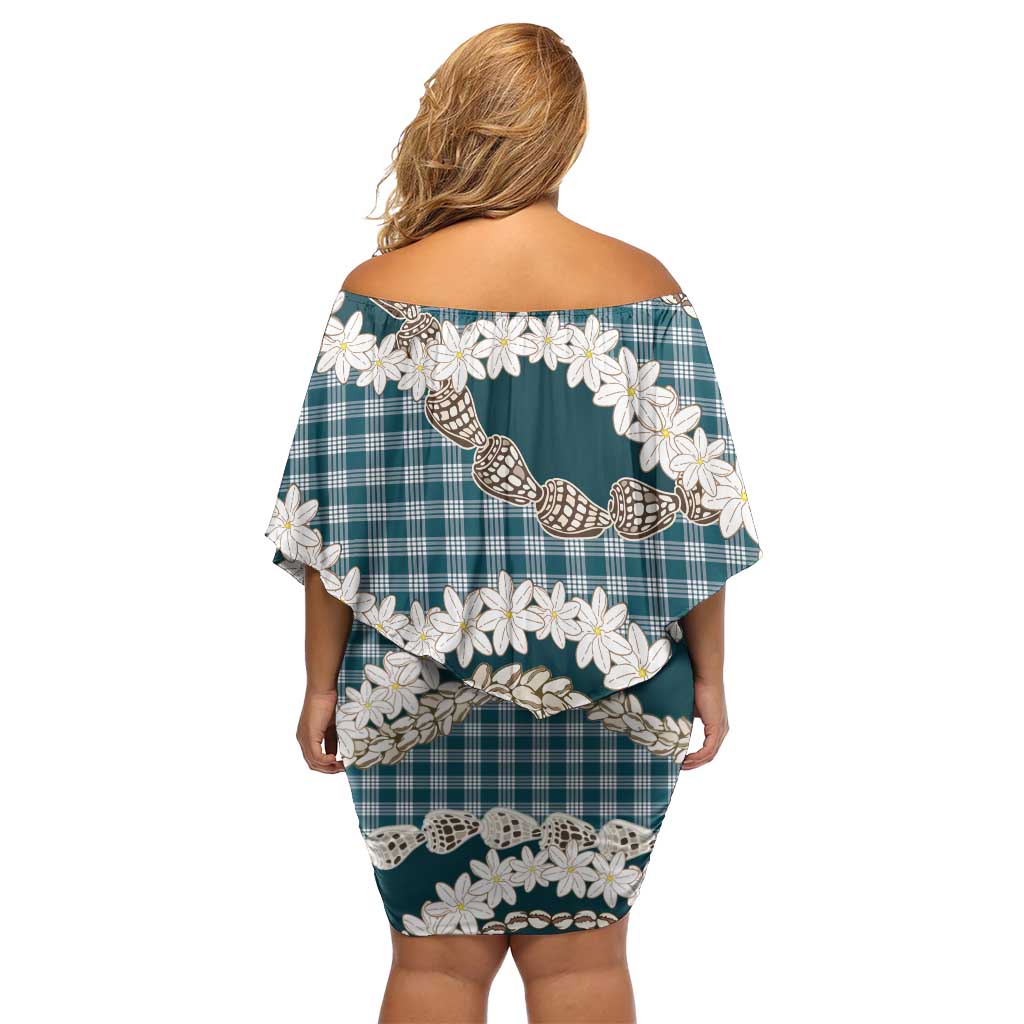 Dark Cyan Hawaii Tiare and Shell Lei Off Shoulder Short Dress Hawaiian Palaka Luxury Vibes - Polynesian Pride