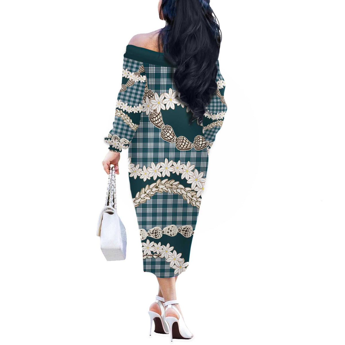 Dark Cyan Hawaii Tiare and Shell Lei Off The Shoulder Long Sleeve Dress Hawaiian Palaka Luxury Vibes - Polynesian Pride