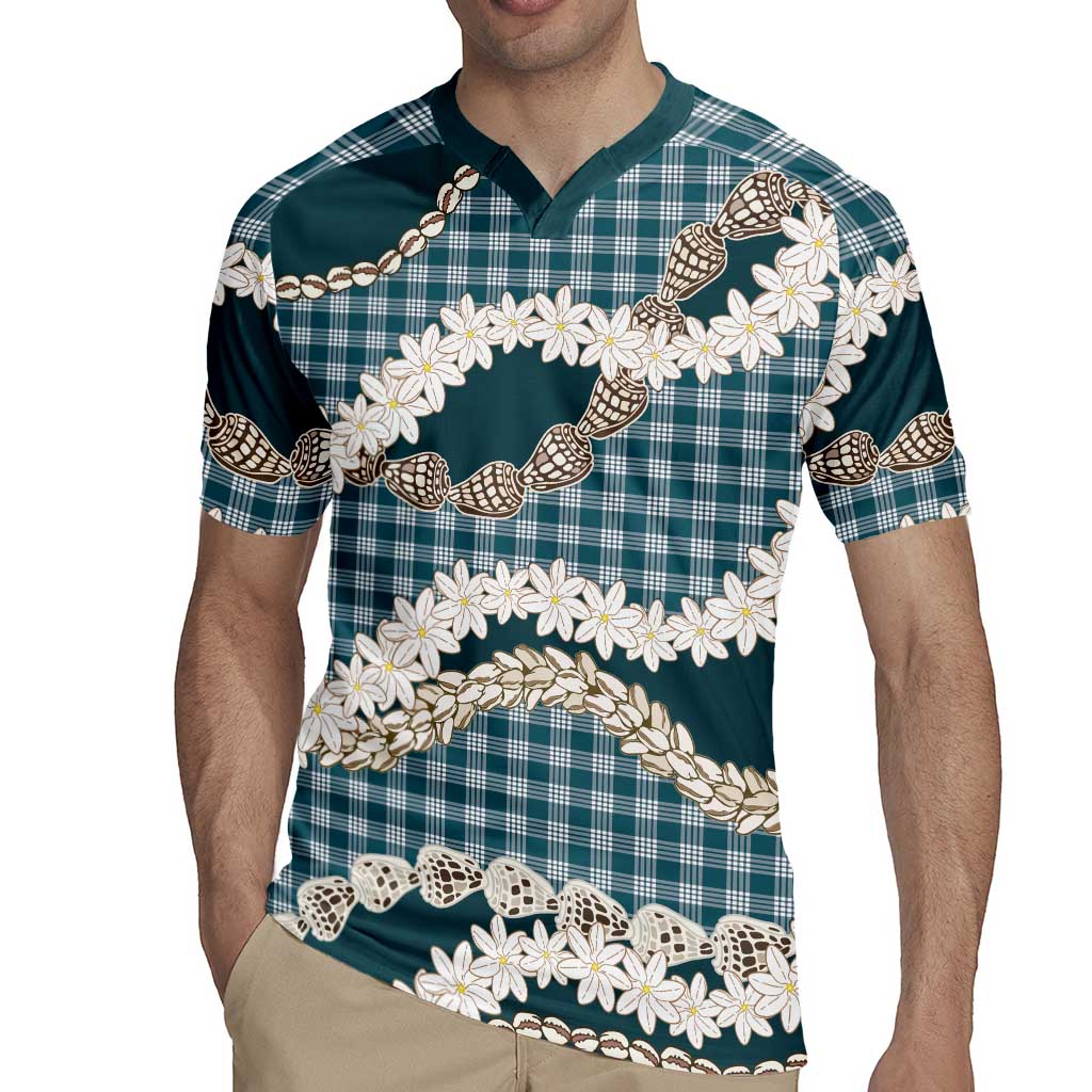 Dark Cyan Hawaii Tiare and Shell Lei Rugby Jersey Hawaiian Palaka Luxury Vibes LT14 - Polynesian Pride