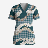 Dark Cyan Hawaii Tiare and Shell Lei Scrub Top Hawaiian Palaka Luxury Vibes LT14 Adult Dark Cyan - Polynesian Pride