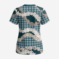 Dark Cyan Hawaii Tiare and Shell Lei Scrub Top Hawaiian Palaka Luxury Vibes LT14 - Polynesian Pride