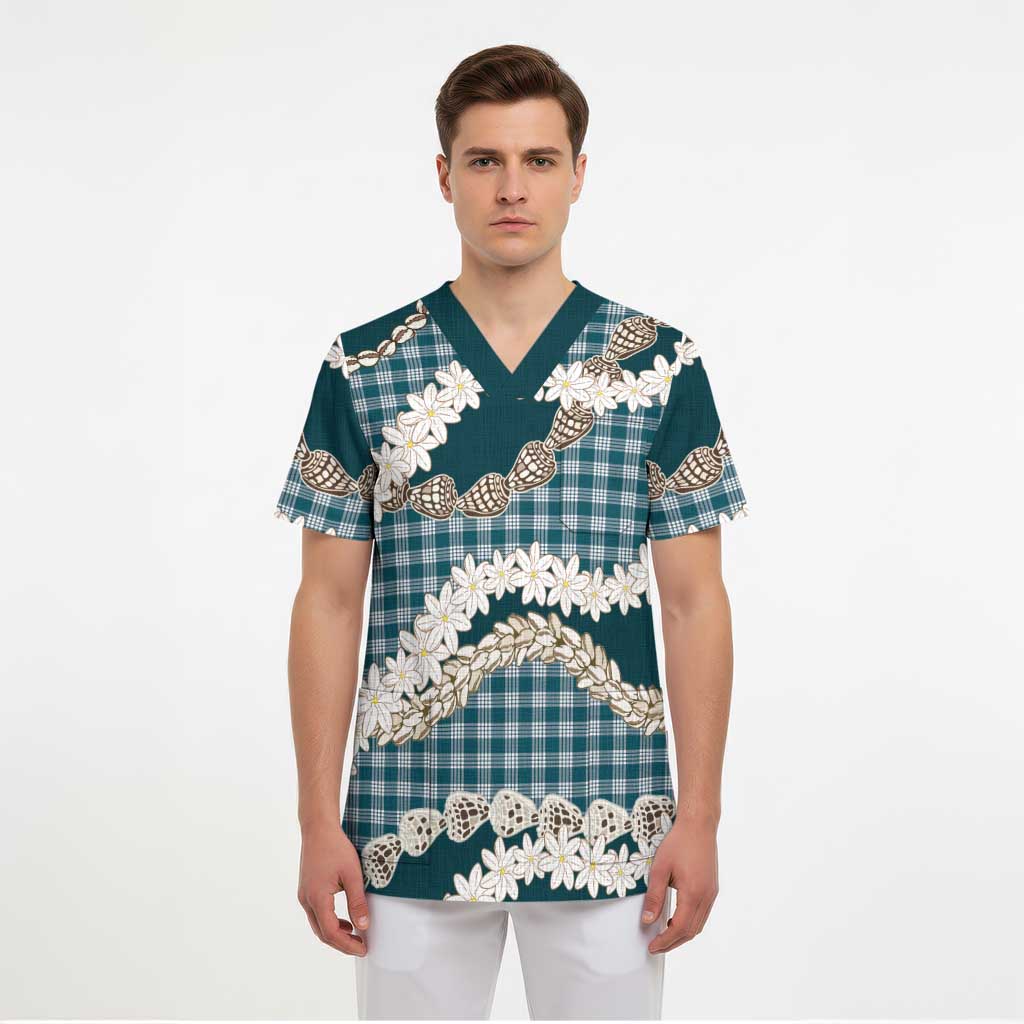 Dark Cyan Hawaii Tiare and Shell Lei Scrub Top Hawaiian Palaka Luxury Vibes LT14 - Polynesian Pride