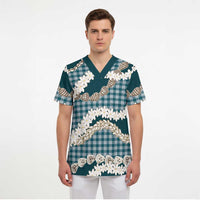 Dark Cyan Hawaii Tiare and Shell Lei Scrub Top Hawaiian Palaka Luxury Vibes LT14 - Polynesian Pride