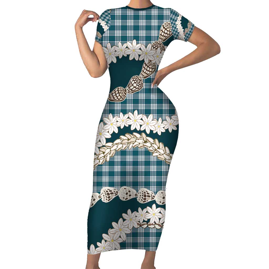 Dark Cyan Hawaii Tiare and Shell Lei Short Sleeve Bodycon Dress Hawaiian Palaka Luxury Vibes - Polynesian Pride