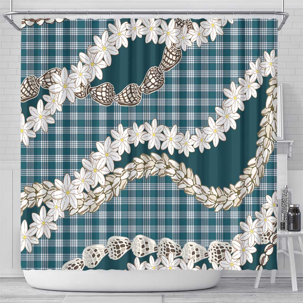 Dark Cyan Hawaii Tiare and Shell Lei Shower Curtain Hawaiian Palaka Luxury Vibes - Polynesian Pride