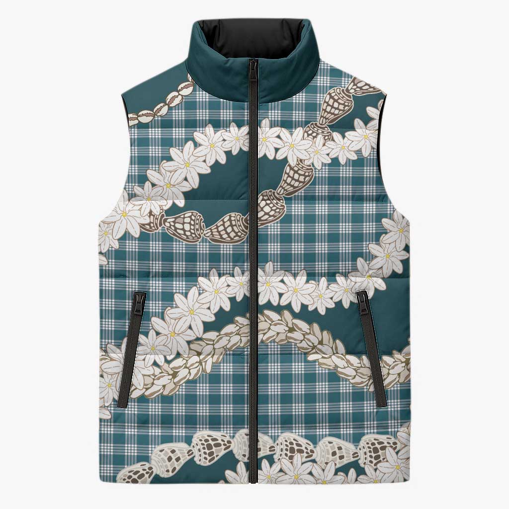 Dark Cyan Hawaii Tiare and Shell Lei Sleeveless Puffer Jacket Hawaiian Palaka Luxury Vibes LT14 Unisex Dark Cyan - Polynesian Pride