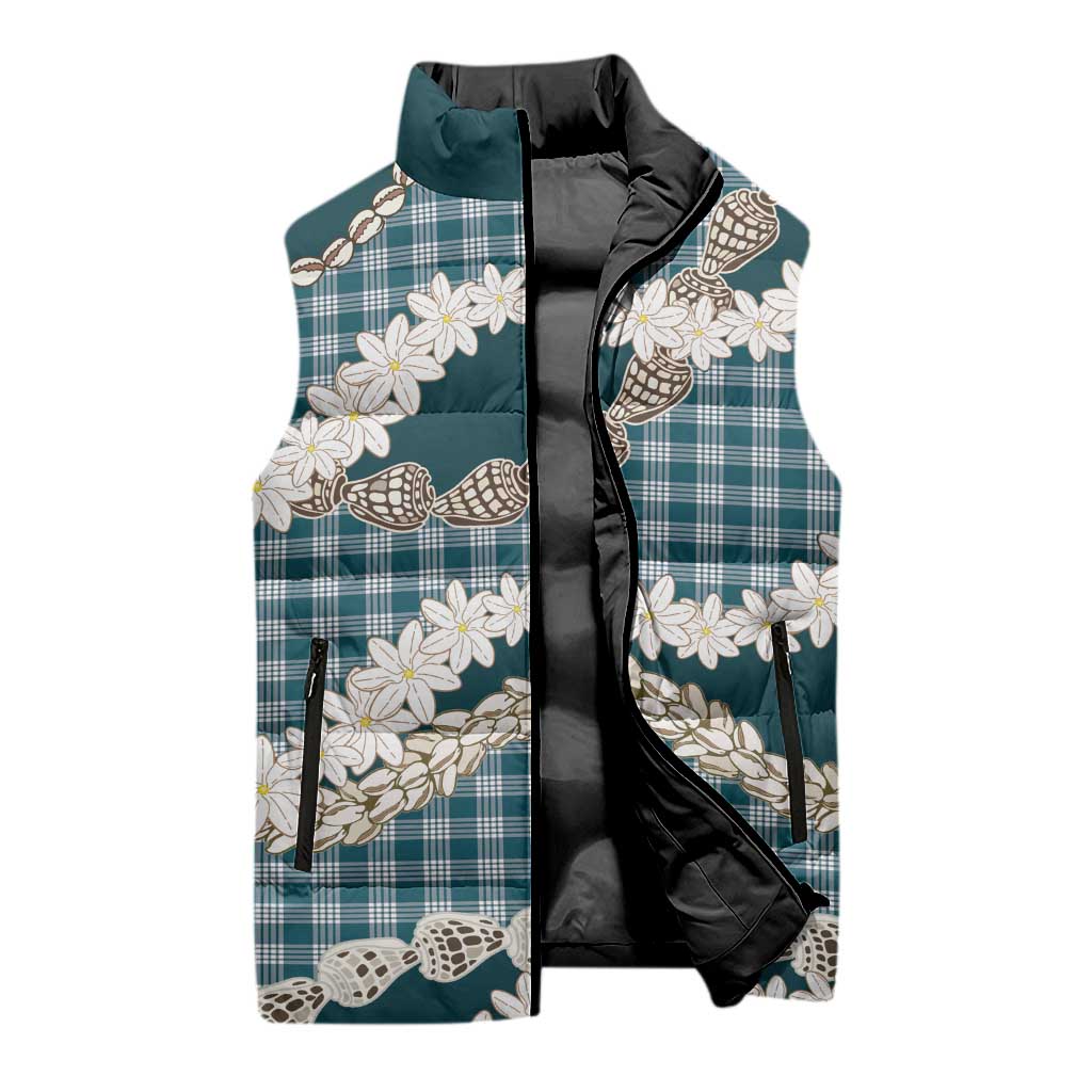Dark Cyan Hawaii Tiare and Shell Lei Sleeveless Puffer Jacket Hawaiian Palaka Luxury Vibes LT14 - Polynesian Pride