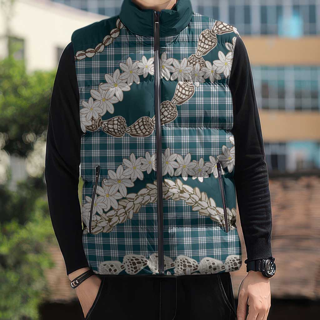 Dark Cyan Hawaii Tiare and Shell Lei Sleeveless Puffer Jacket Hawaiian Palaka Luxury Vibes LT14 - Polynesian Pride