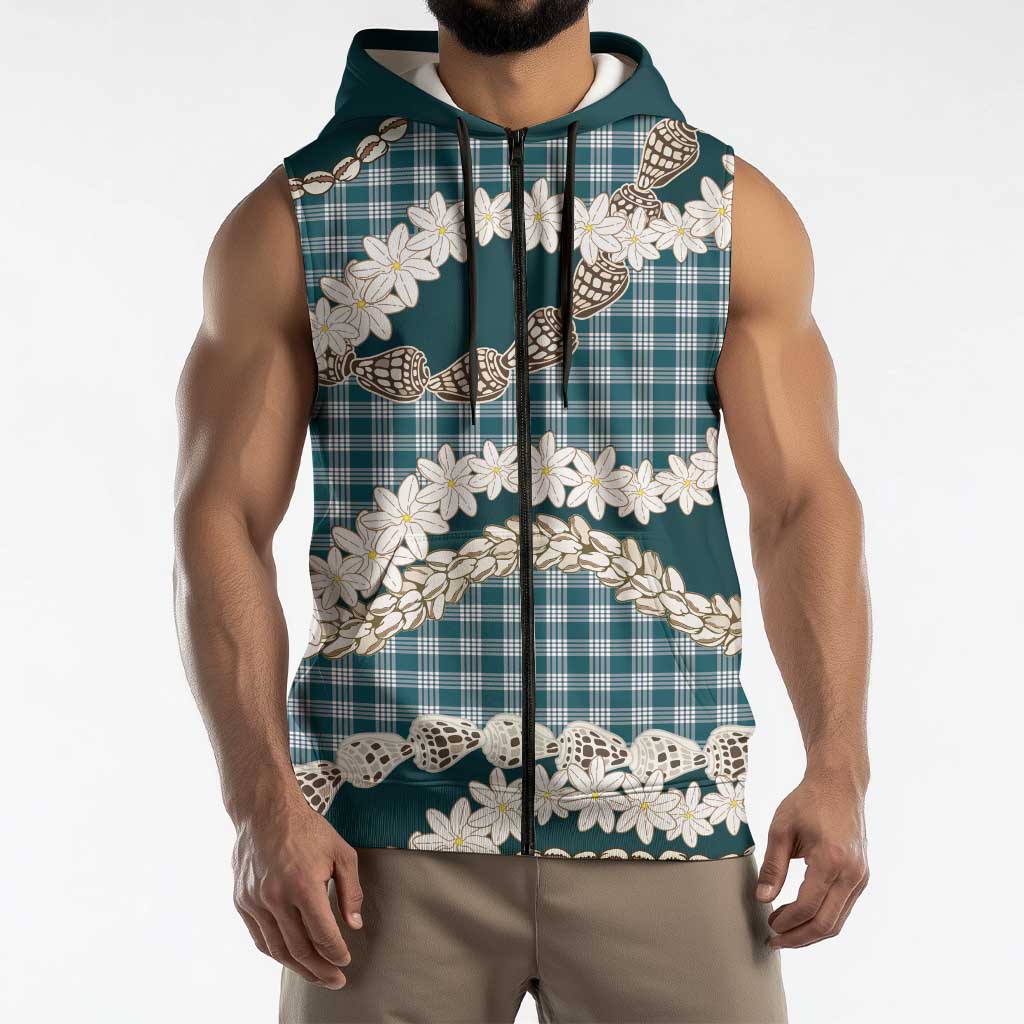 Dark Cyan Hawaii Tiare and Shell Lei Sleeveless Zip Hoodie Hawaiian Palaka Luxury Vibes LT14 - Polynesian Pride
