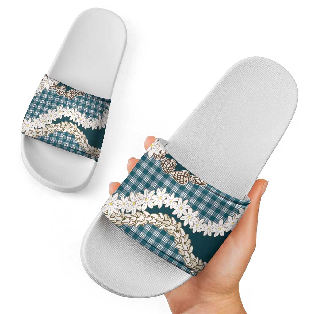 Dark Cyan Hawaii Tiare and Shell Lei Slide Sandals Hawaiian Palaka Luxury Vibes - Polynesian Pride