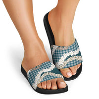 Dark Cyan Hawaii Tiare and Shell Lei Slide Sandals Hawaiian Palaka Luxury Vibes - Polynesian Pride