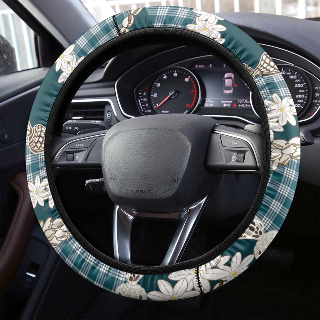 Dark Cyan Hawaii Tiare and Shell Lei Steering Wheel Cover Hawaiian Palaka Luxury Vibes - Polynesian Pride
