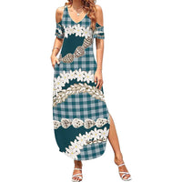 Dark Cyan Hawaii Tiare and Shell Lei Summer Maxi Dress Hawaiian Palaka Luxury Vibes - Polynesian Pride