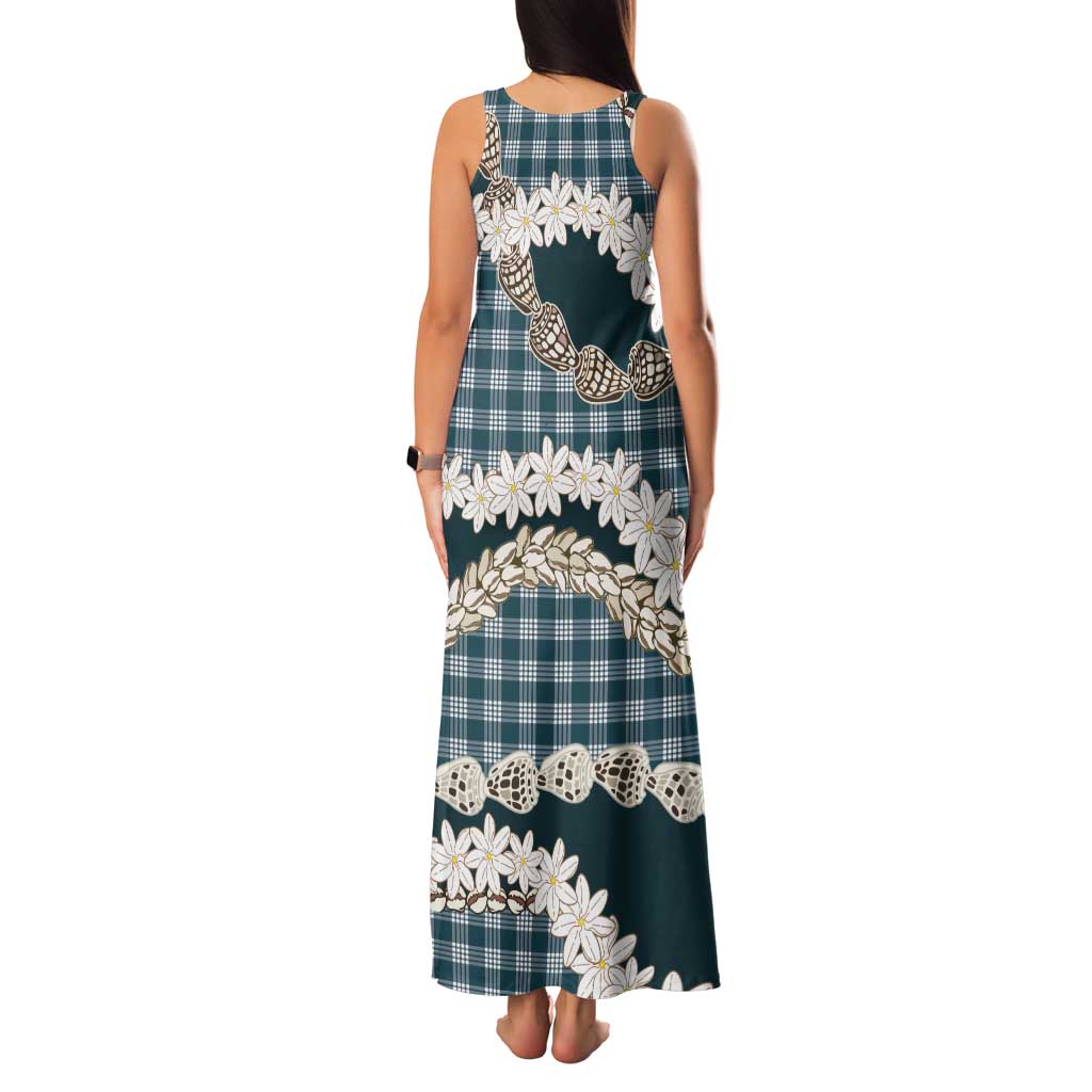 Dark Cyan Hawaii Tiare and Shell Lei Tank Maxi Dress Hawaiian Palaka Luxury Vibes - Polynesian Pride
